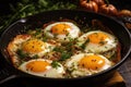 Fried eggs cooked with spices and herbs in a pan. Delicious hot dish, close-up. Generative AI Royalty Free Stock Photo