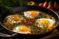 Fried eggs cooked with spices and herbs in a pan. Delicious hot dish, close-up. Generative AI Royalty Free Stock Photo