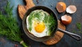 fried eggs with fresh dill in a pan