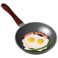 Fried eggs on a frying pan, with fresh green onions and fried bacon