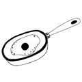 Fried eggs in a frying pan. Hand drawn vector icon, black doodle. Isolated illustration on a white background. Thin outline, Royalty Free Stock Photo