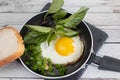 Fried Eggs in a frying pan and a piece of white bread.