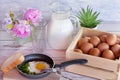 Fried Eggs in a frying pan and a piece of white bread.