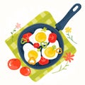 Fried eggs in a frying pan with vegetables, tomatoes, peppers. Healthy brunch on a table. Fresh homemade meal. Traditional Royalty Free Stock Photo