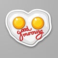 Fried eggs in heart shape. Scrambled egg. Good morning. Healthy food. Cartoon sticker in comic style with contour