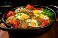 Fried eggs with herbs on a dark background