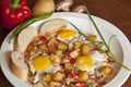 Fried eggs including french bread,mushroom,green pepper,fried potato,red pepper