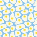 Fried eggs motifs on light blue background seamless pattern. Cute funny breakfast menu template. Abstract simple scrambled eggs
