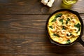 Fried eggs with mushrooms, spinach and shrimps Royalty Free Stock Photo