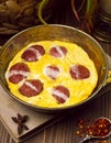 Fried eggs omlette with sucuk in a pan. Royalty Free Stock Photo