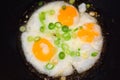 Fried eggs with onion cooking on the pan Royalty Free Stock Photo