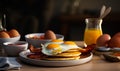 Fried eggs on the pancakes and slices of bacon. Calorific American breakfast concept. Close up. Generative AI