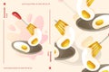 Fried eggs on the plate and spatula poster template. Kitchen utensil, breakfast home made dish.