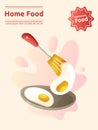 Fried eggs on the plate and spatula poster template. Kitchen utensil, breakfast home made dish.