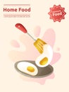 Fried eggs on the plate and spatula poster template. Kitchen utensil, breakfast home made dish