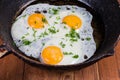 Fried eggs with unbroken yolks on frying pan close-up Royalty Free Stock Photo