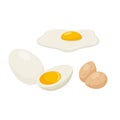 Fried eggs, raw and boiled eggs. Boiled chicken egg, quail eggs. Egg with yolk. A food ingredient, a product of animal Royalty Free Stock Photo