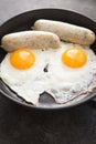 Fried eggs, sausage in iron pan - Healthy food english breakfast