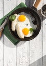 Fried eggs, sausage in iron pan - Healthy food english breakfast. Colorblock