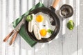 Fried eggs, sausage in iron pan - Healthy food english breakfast. Colorblock