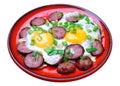 Fried eggs with sausage in a red plate Royalty Free Stock Photo