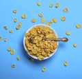 cornflakes in a white ceramic plate and an iron spoon on a blue background