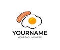 Fried eggs or scrambled eggs with sausage or frankfurter, logo design. Food and drink, breakfast, eatery and restaurant, vector de