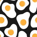 Fried eggs seamless pattern on black background.