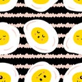 Fried eggs seamless pattern with funny faces on striped background. Cute characters print for T-shirt, fabric, stationery. Babyish Royalty Free Stock Photo