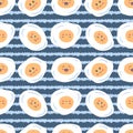 Fried eggs seamless pattern with funny faces on striped background. Cute characters print for T-shirt, fabric, stationery. Babyish Royalty Free Stock Photo