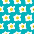 Fried eggs seamless pattern wallpaper on blue background, Simple flat design, Vector illustration Royalty Free Stock Photo