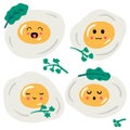 Fried eggs set with cartoon funny faces. Cute characters collection with happy emotions. Kids logo meal vector isolated Royalty Free Stock Photo