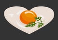 Fried eggs in the shape of a heart in a frying pan cooked for valentine day breakfast. Homemade food. Raster illustration on white