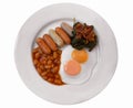 Fried eggs with spinach sausages bacon and baked beans in tomato sauce, healthy english breakfast isolated on white Royalty Free Stock Photo