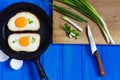 Fried eggs and spring onion on wooden chopping board