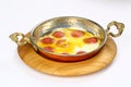 Fried eggs with sucuk on a pan Royalty Free Stock Photo