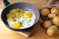 Fried eggs and Swiss roesti in a pan on a wooden kitchen table with a sack of potatoes