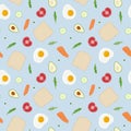 Fried egg, toast bread, tomatoe, cucumber, rocket salad, salmon and avocado seamless pattern. Vector hand drawn illustration.