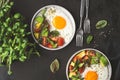 Fried eggs with tomato avocado salad Royalty Free Stock Photo