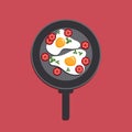Fried eggs with tomato, and sausage on a cooking pan with a handle. Papercut farm products. Vector illustration. Royalty Free Stock Photo