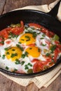 Fried eggs with tomatoes, peppers and onions in a pan Royalty Free Stock Photo