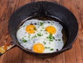 Fried eggs with unbroken yolks in the old frying pan Royalty Free Stock Photo