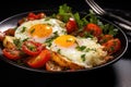fried eggs with vegetables in a frying pan, delicious healthy food