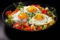 fried eggs with vegetables in a frying pan, delicious healthy food