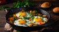 fried eggs with vegetables and herbs. Selective focus.