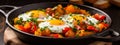 fried eggs with vegetables and herbs. Selective focus.