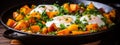 fried eggs with vegetables and herbs. Selective focus.