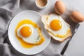 Fried eggs on a white plate. Scrambled eggs with whole yolks. Freshly prepared breakfast. View from above