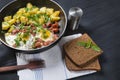 Fried eggs on a wooden background with bread and place for copy space