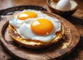 Fried eggs on wooden table for breakfast